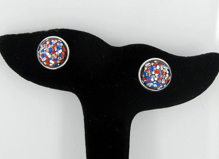 Summerfield Collection Silver-tone Patriotic Glitter Resin Stud Earrings Red Blue USA (12mm)