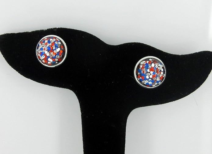 Silver-tone Patriotic Glitter Resin Stud Earrings Red Blue USA