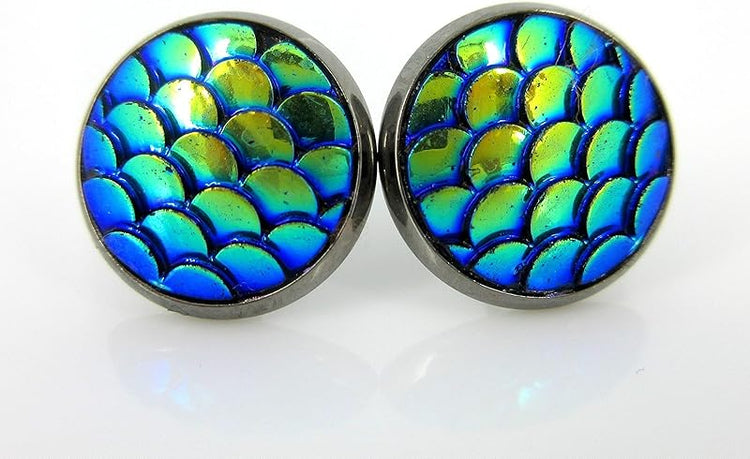 Summerfield Collection Stainless Steel Metallic Dragon Mermaid Scale Stud Earrings 12mm (Blue Green AB)