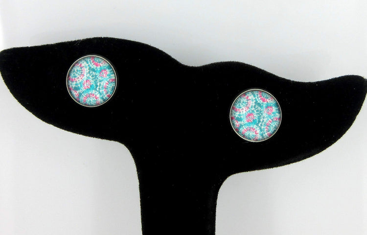 Stainless Steel Tie Dye Print Glass Stud Earrings 12mm (Aqua/Blue/Pink/Green)