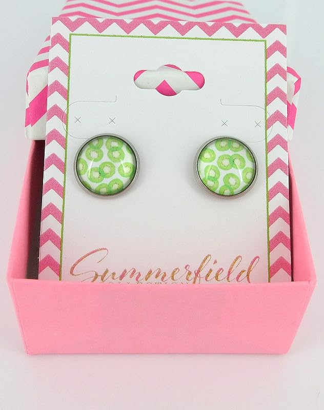 Summerfield Collection Stainless Steel Kiwi Fruit Print Glass Stud Earrings 12mm Green and White