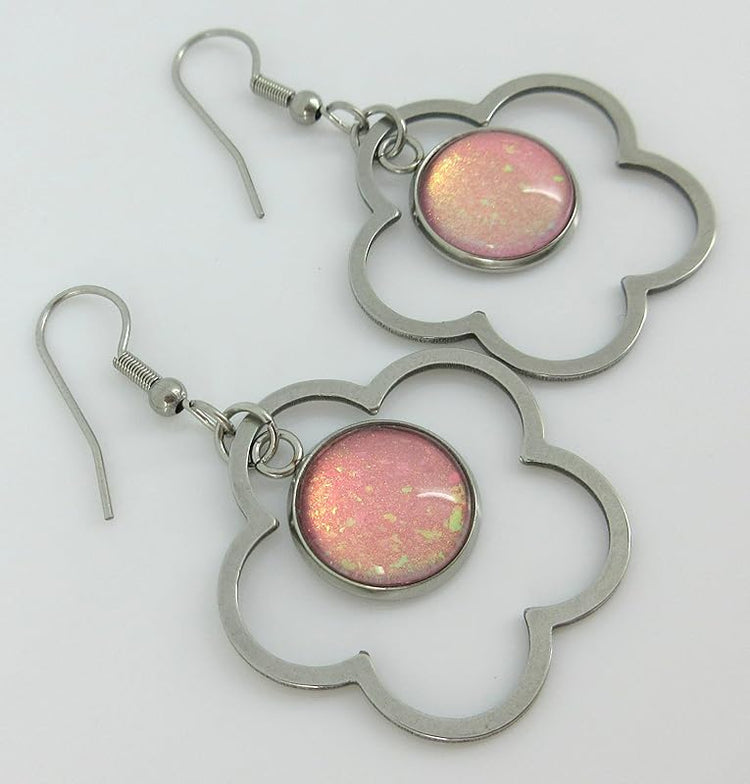 Summerfield Collection Stainless Steel Pink and Iridescent Glitter Flake Glass Flower Charm Dangle Earrings Handpainted