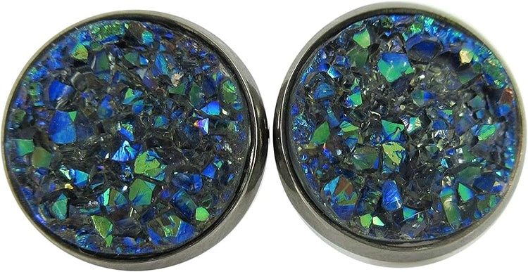 Summerfield Collection Hematite-tone Faux Druzy Stone Stud Earrings 12mm (Gray Green Blue AB)