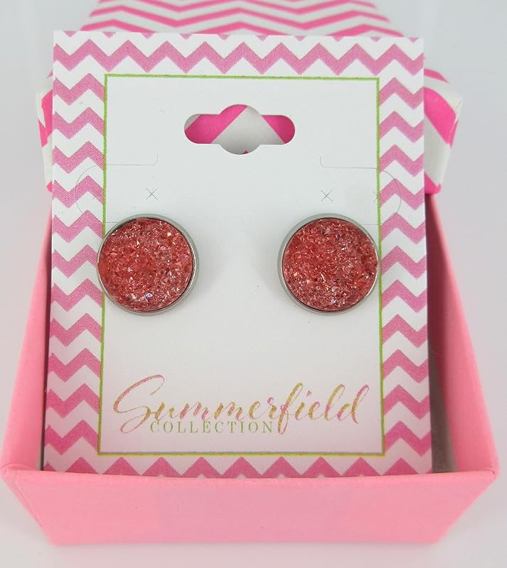 Summerfield Collection Stainless Steel Faux Druzy Stone Stud Earrings 12mm (Flamingo Pink)