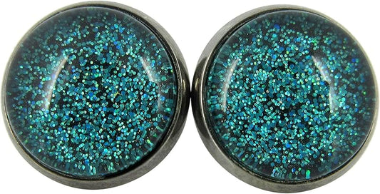 Summerfield Collection Hematite-tone Teal Green and Black Glitter Glass Stud Earrings Hand-painted 12mm