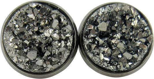 Hematite-tone Faux Druzy Stone Stud Earrings 12mm (Gunmetal Gray)
