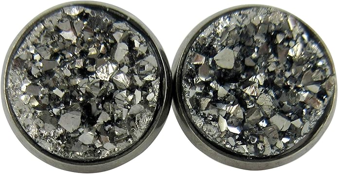 Hematite-tone Faux Druzy Stone Stud Earrings 12mm (Gunmetal Gray)