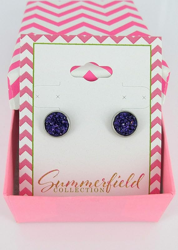 Summerfield Collection Stainless Steel Glitter Faux Druzy Stone Stud Earrings 8mm (Dark Purple)