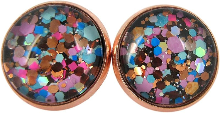 Summerfield Collection Rose Gold-tone Blue Pink Purple Glitter Glass Stud Earrings 12mm Hand-painted