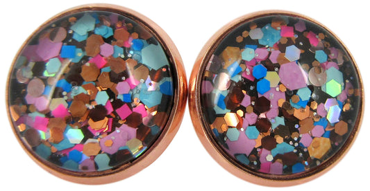 Rose Gold-tone Blue Pink Purple Glitter Glass Stud Earrings 12mm Hand-painted