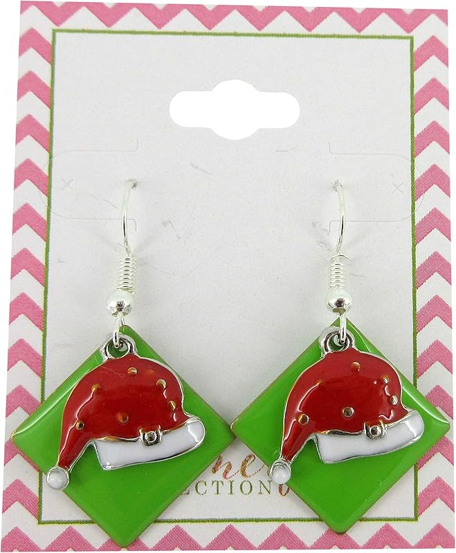Summerfield Collection Silver-tone Green Enamel Santa Hat Charm Dangle Earrings