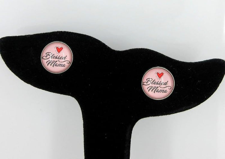 Summerfield Collection Stainless Steel Blessed Mama Print Glass Stud Earrings 12mm