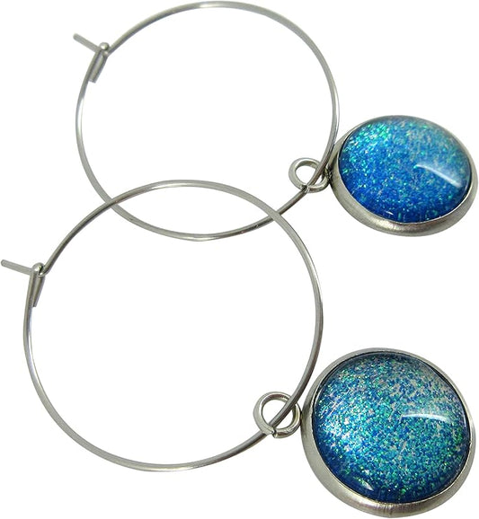 Summerfield Collection Stainless Steel Blue Green Glitter Glass Charm Hoop Earrings Hand-painted 1"
