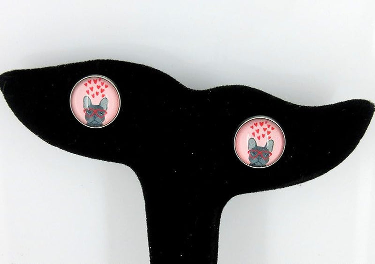 Summerfield Collection Stainless Steel French Bulldog Sunglasses Print Glass Stud Earrings 12mm