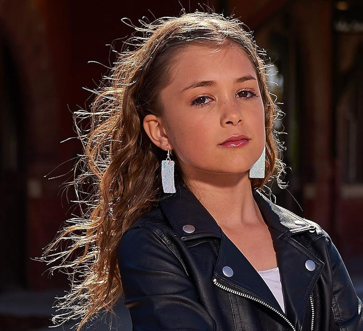 Summerfield Collection Silver-tone Glitter Faux Leather Large Rectangle Dangle Earrings (White)