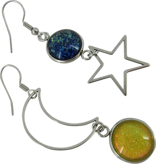 Summerfield Collection Stainless Steel Mismatch Glitter Glass Moon and Star Charm Dangle Earrings