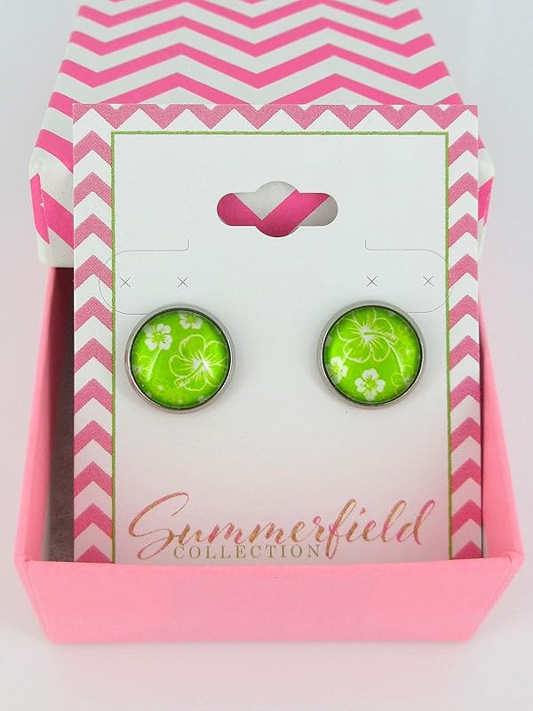 Summerfield Collection Stainless Steel Hibiscus Flower Print Glass Stud Earrings 12mm Hawaiian (Lime Green)