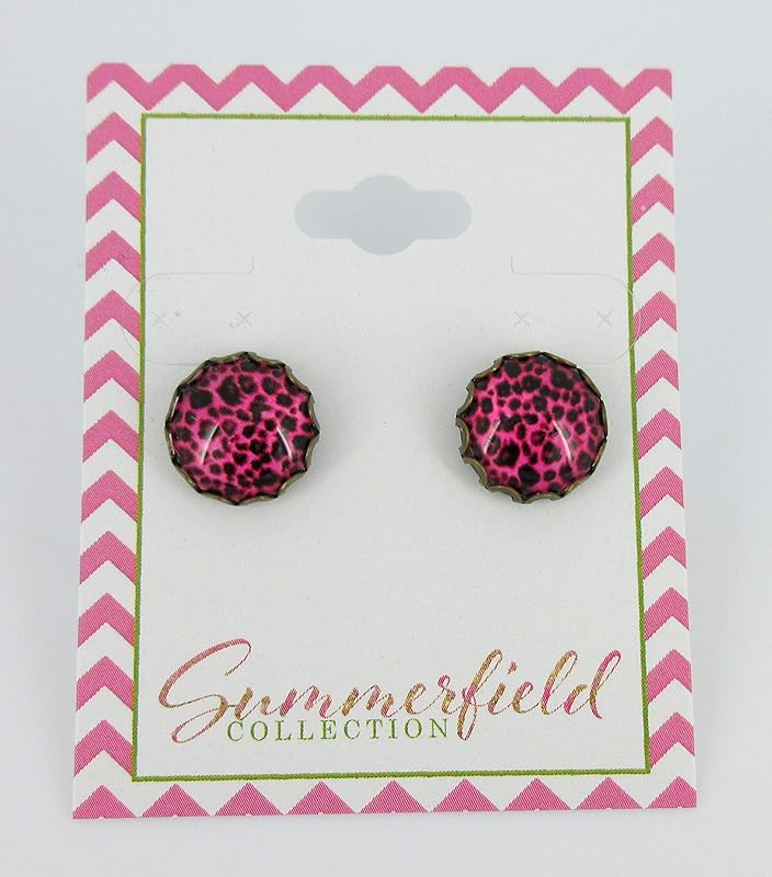 Summerfield Collection Antiqued Gold-tone Animal Print Glass Stud Earrings 12mm (Hot Pink)