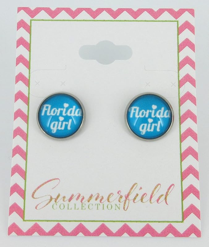 Summerfield Collection Stainless Steel Florida Girl Print Glass Stud Earrings 12mm (Florida Girl)