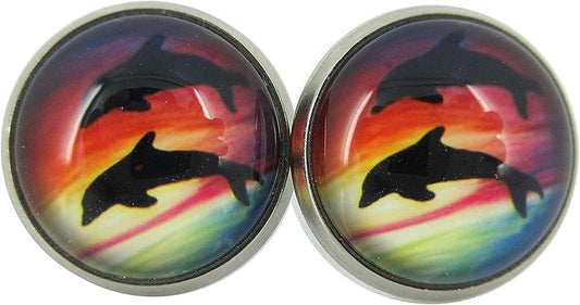 Summerfield Collection Stainless Steel Tropical Sunset Ocean Dolphin Print Glass Stud Earrings 12mm Beach