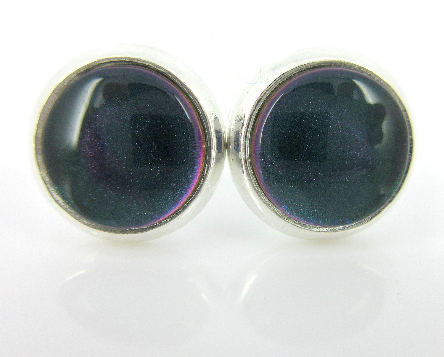 Silver-tone Dark Green Blue Color Shift Glitter Glass Stud Earrings Hand-painted 8mm