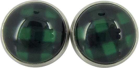 Summerfield Collection Stainless Steel Buffalo Plaid Print Glass Stud Earrings 12mm (Green/Black)