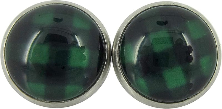 Summerfield Collection Stainless Steel Buffalo Plaid Print Glass Stud Earrings 12mm (Green/Black)
