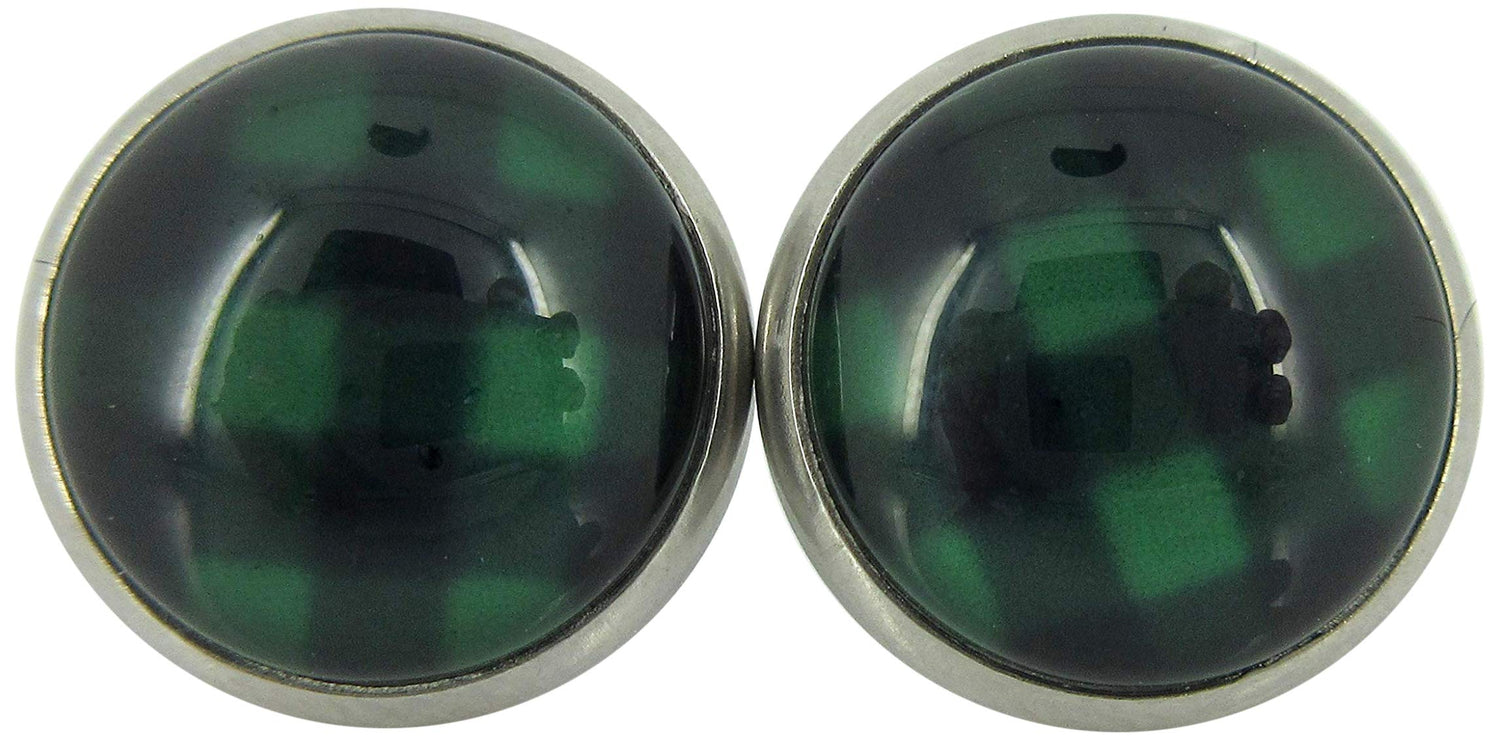 Stainless Steel Black and Green Buffalo Plaid Print Glass Stud Earrings 12mm