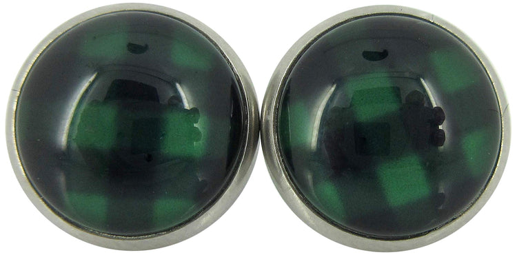 Stainless Steel Black and Green Buffalo Plaid Print Glass Stud Earrings 12mm