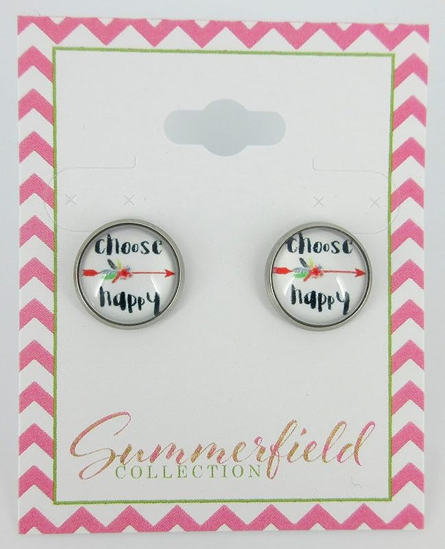 Summerfield Collection Stainless Steel Choose Happy Print Glass Stud Earrings 12mm