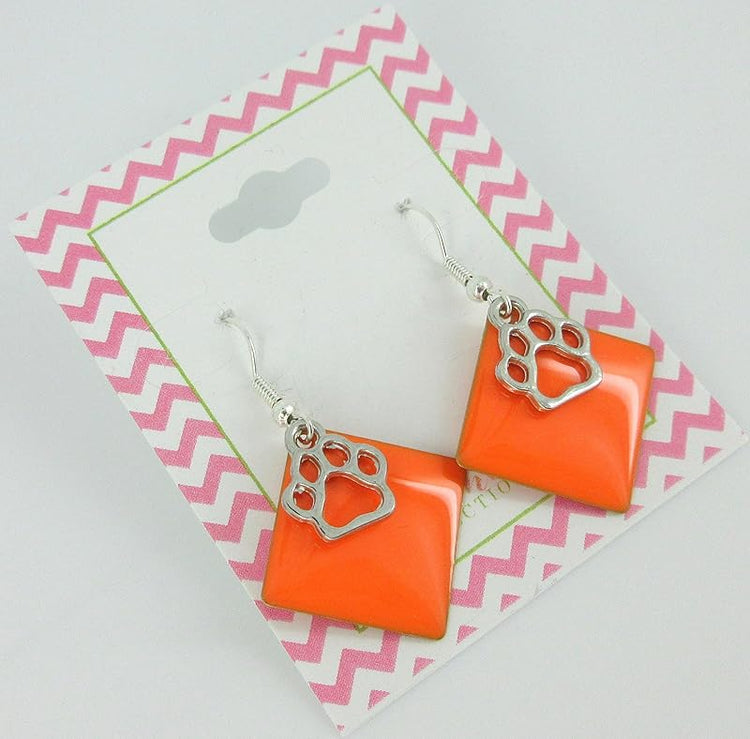 Summerfield Collection Silver-tone Paw Print Charm Enamel Dangle Earrings (Orange)