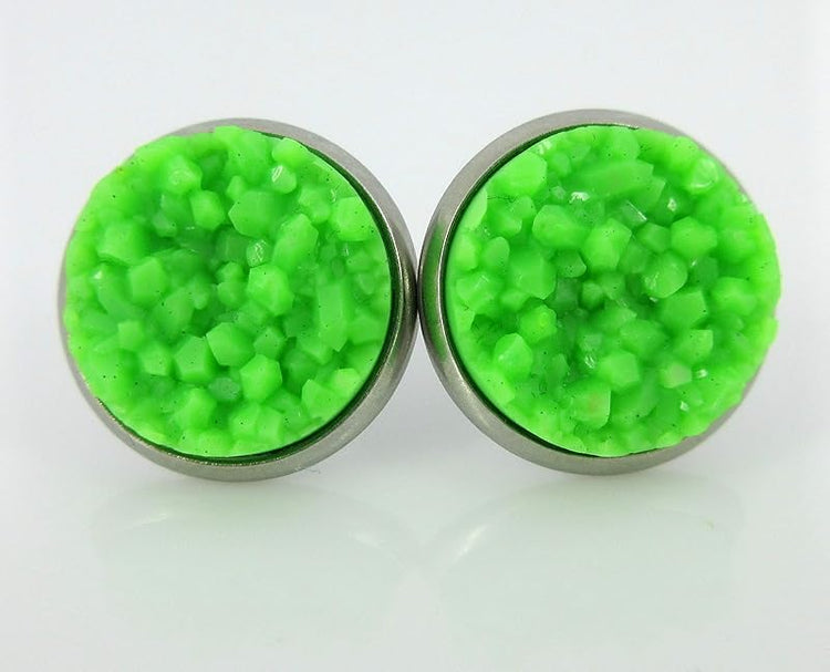 Summerfield Collection Duo Neon Stud Earrings Stainless Steel Faux Druzy Stone 12mm Set (Orange/Green)