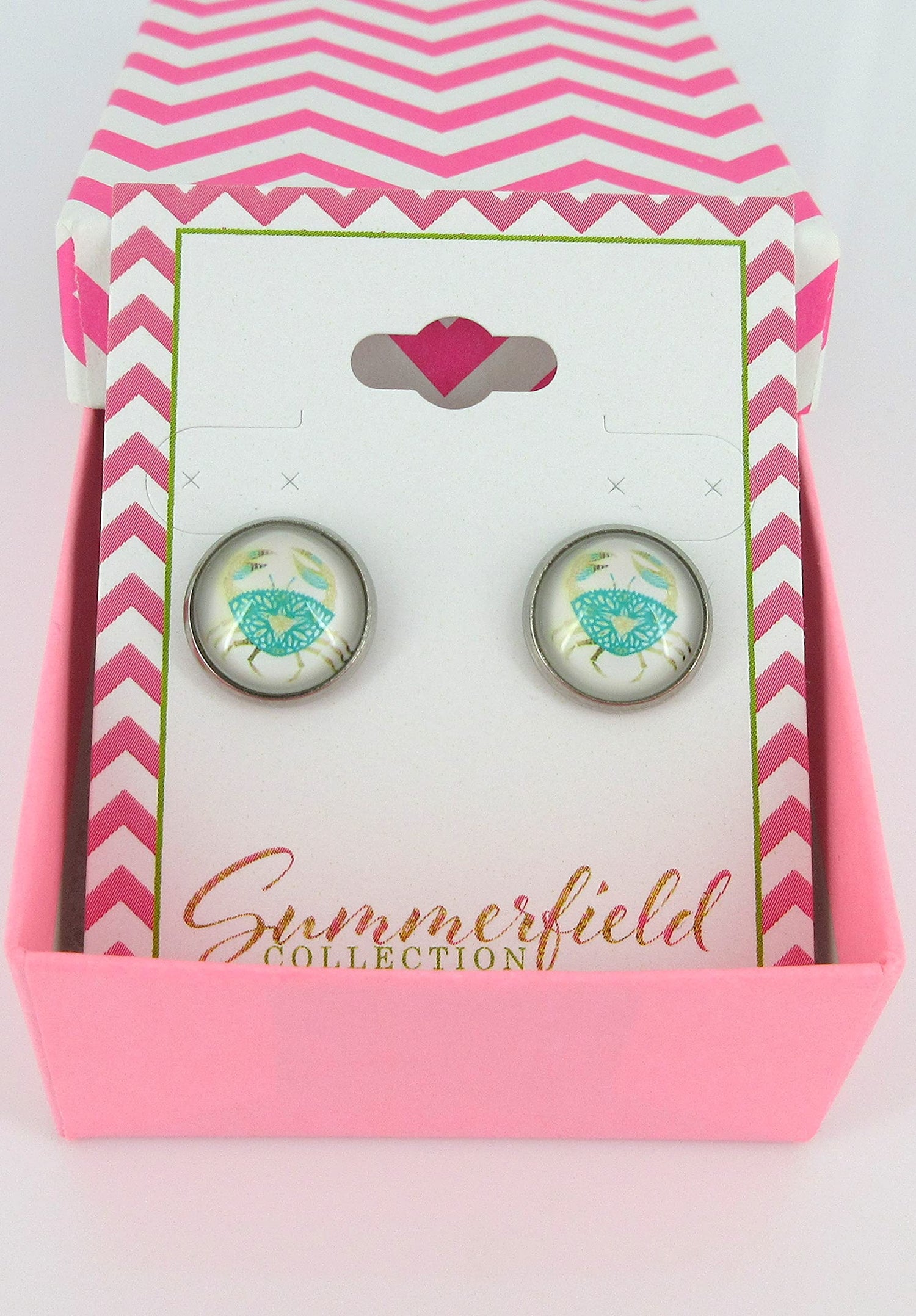 Stainless Steel Blue Crab Print Glass Stud Earrings 12mm