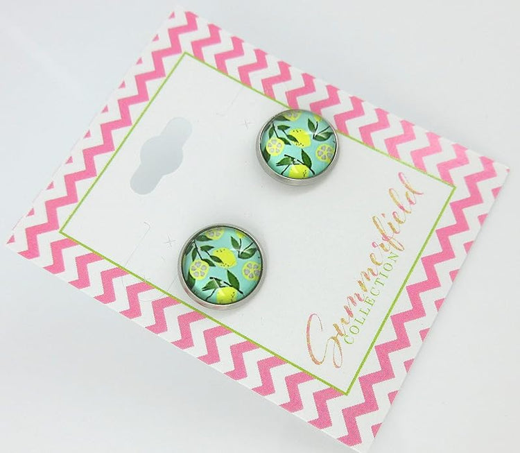Summerfield Collection Stainless Steel Lemon Fruit Print Glass Stud Earrings 12mm Green and Yellow