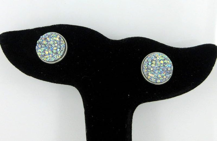 Summerfield Collection Stainless Steel Frost Blue Gray AB Glitter Faux Druzy Stone Stud Earrings (12mm)
