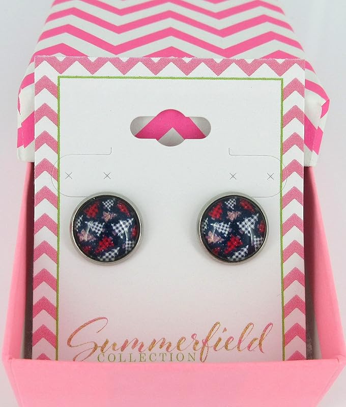 Summerfield Collection Stainless Steel Buffalo Plaid Print Glass Stud Earrings 12mm (Christmas Tree Print)
