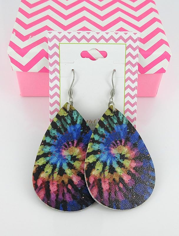 Summerfield Collection Tie Dye Faux Leather Large Teardrop Dangle Earrings Stainless Steel Black Rainbow