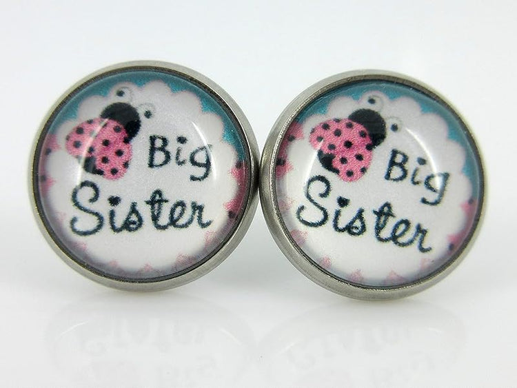 Summerfield Collection Stainless Steel Sister Print Glass Stud Earrings 12mm (Big Sister)