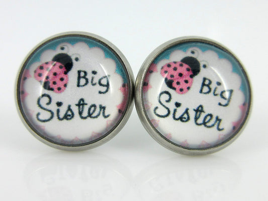 Stainless Steel Sister Print Glass Stud Earrings 12mm (Big Sister)