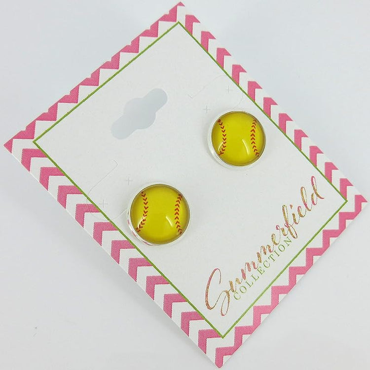 Summerfield Collection Silver-tone Softball Print Glass Stud Earrings 12mm Yellow