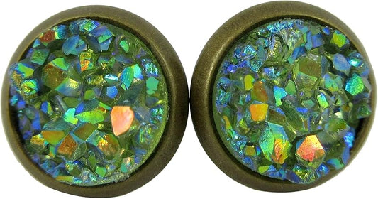 Summerfield Collection Antiqued Gold-tone Pear Green AB Faux Druzy Stone Stud Earrings 8mm