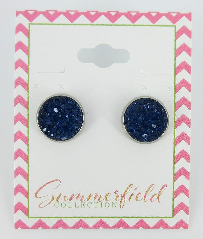 Summerfield Collection Stainless Steel Faux Druzy Stone Stud Earrings 12mm (Navy Blue)