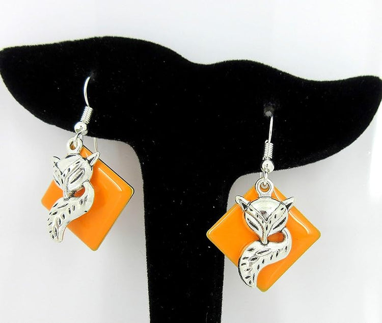 Summerfield Collection Silver-tone Orange Enamel Fox Charm Dangle Earrings