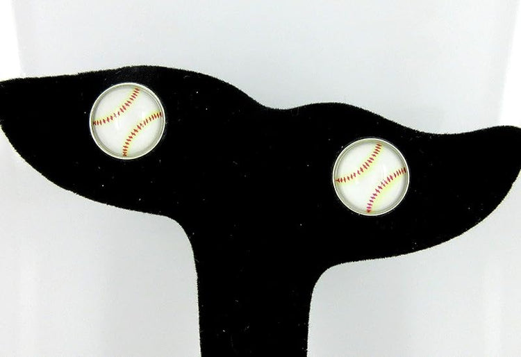 Summerfield Collection Silver-tone Baseball Print Glass Stud Earrings 12mm