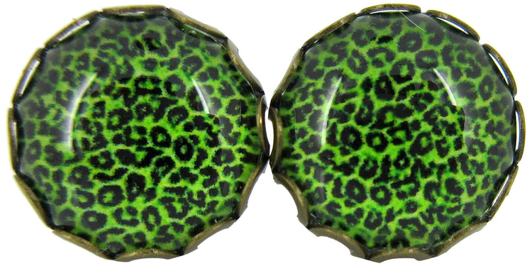 Antiqued Gold-tone Animal Print Glass Stud Earrings 12mm (Bright Green)