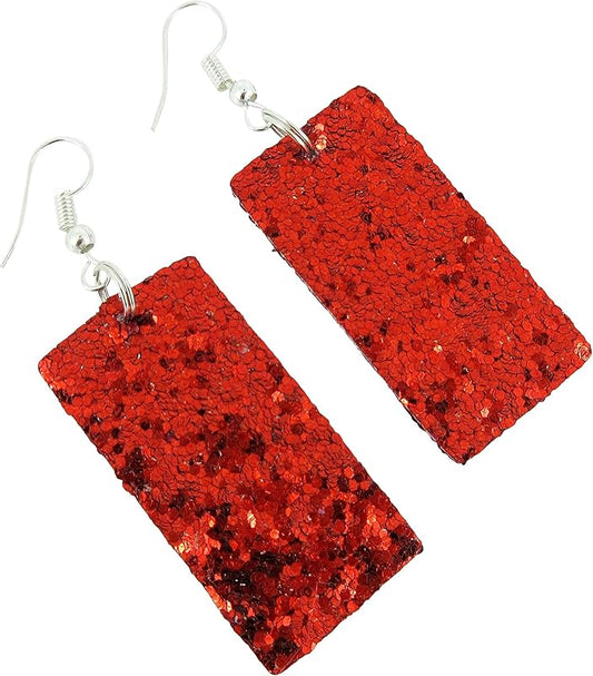 Summerfield Collection Silver-tone Glitter Faux Leather Large Rectangle Dangle Earrings (Red)