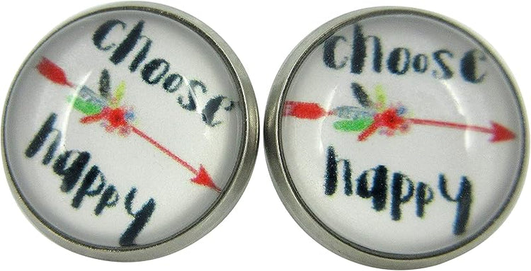 Summerfield Collection Stainless Steel Choose Happy Print Glass Stud Earrings 12mm