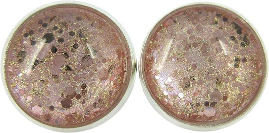 Silver-tone Pink and Gold Shimmer Glitter Glass Stud Earrings Hand-painted 12mm