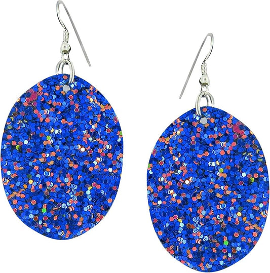 Summerfield Collection Silver-tone Glitter Faux Leather Oval Dangle Earrings (Blue w/Pink and Black)