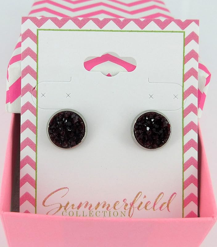 Summerfield Collection Stainless Steel Matte Faux Druzy Stone Stud Earrings 10mm (Black Cherry)